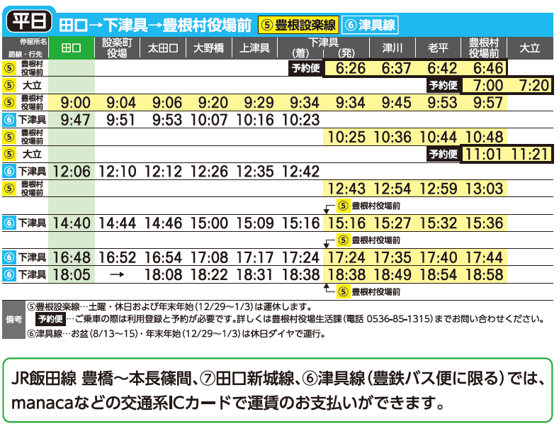 津具線・豊根設楽線 2026年10月1日改正主要バス停時刻表 平日用 田口から豊根村役場前方面